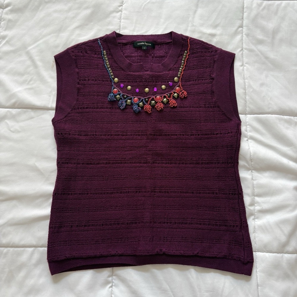Nanette Lepore Sweater Vest Womens Large Purple Merino Wool Beaded Luxury Preppy